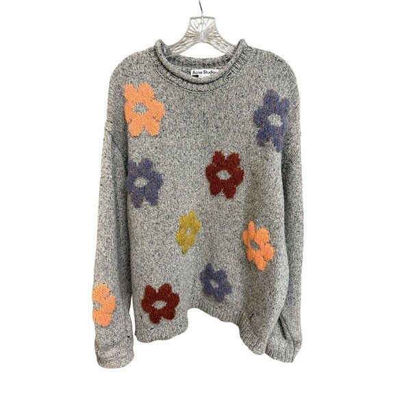 Acne Studios Floral Knit Sweater XL Gray Multicolor Wool & Mohair Womens Pullove - Picture 1 of 8